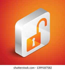 Isometric Open padlock icon isolated on orange background. Opened lock sign. Cyber security concept. Digital data protection. Safety safety. Silver square button. Vector Illustration