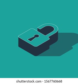 Isometric Open padlock icon isolated on green background. Opened lock sign. Cyber security concept. Digital data protection. Safety safety.  Vector Illustration