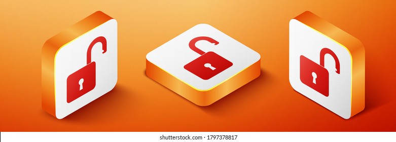 Isometric Open padlock icono aislado en el fondo naranja. Signo de bloqueo abierto. Concepto de ciberseguridad. Protección digital de datos. Seguridad. Botón cuadrado naranja. Vector.