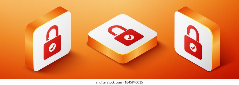 Isometric Open padlock icono aislado en el fondo naranja. Signo de bloqueo abierto. Concepto de ciberseguridad. Protección digital de datos. Seguridad. Botón cuadrado naranja. Vector.