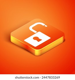 Isometric Open padlock icon isolated on orange background. Opened lock sign. Cyber security concept. Digital data protection.  Vector