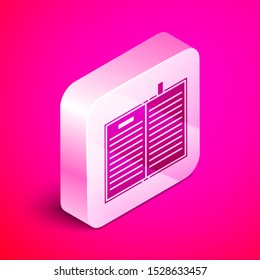 Isometric Open science book icon isolated on pink background. Silver square button. Vector Illustration