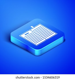 Isometric Open science book icon isolated on blue background. Blue square button. Vector Illustration