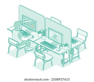 Isometric open space office isolated on white background. Vector illustration. Outline, linear style. Man working on computer in modern office. Programmer or web designer. Four desks with computer.