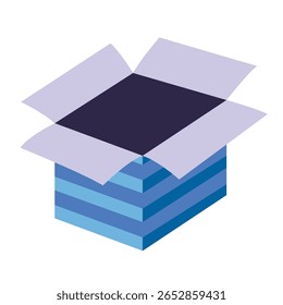 Isometric open striped gift box in blue tones, symbolizing surprise or delivery. Trendy modern vector illustration isolated on white background, hand drawn, flat design