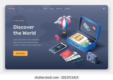Isometric open suitcase, beach slippers, credit card, tickets, phone, photo camera, air balloon, clouds, passport and tickets. Landing page template.