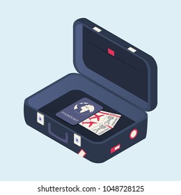 Isometric open suitcase with plane tickets and passport. Travel bag with stickers. More travel. Vector illustration