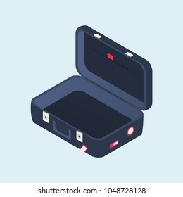 Isometric Open Suitcase. Travel Bag With Stickers. Vector Illustration