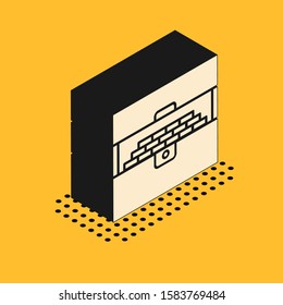 Isometric Opened antique treasure chest icon isolated on yellow background. Vintage wooden chest with golden coin.  Vector Illustration