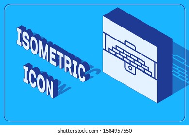 Isometric Opened antique treasure chest icon isolated on blue background. Vintage wooden chest with golden coin.  Vector Illustration
