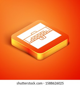 Isometric Opened antique treasure chest icon isolated on orange background. Vintage wooden chest with golden coin.  Vector Illustration