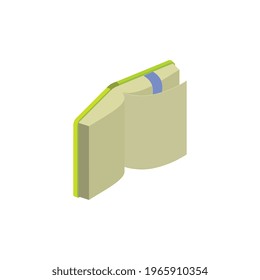 Libro abierto isométrico con marcador azul en ilustración vectorial de fondo blanco
