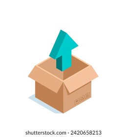 isometric opened box and up arrow, in color on a white background, loading and unloading and working with parcels