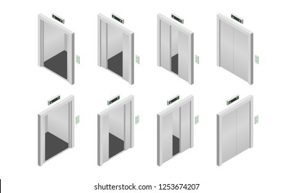 Isometric opened and closed elevator doors set. Vector illustration.