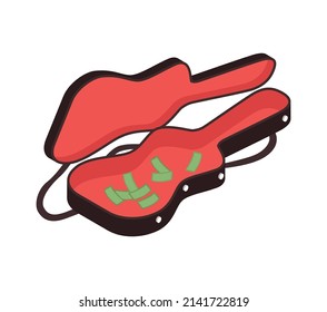 Isometric opened guitar case of street musician for donations 3d vector illustration