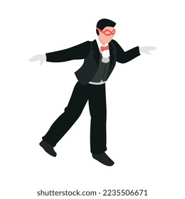 Composición de teatro de ópera isométrica con carácter humano aislado de intérprete teatral en ilustración vectorial de vestuario