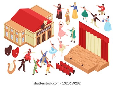 Isometric Opera Theatre Set With Isolated Images Of Theater Building Stage Seats And Characters Of Entertainers Vector Illustration