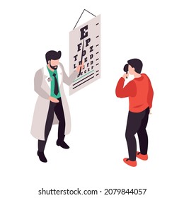 Isometric ophthalmology composition with isolated characters of doctor performing vision test with patient and eye chart vector illustration
