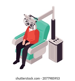 Isometric ophthalmology composition with isolated medical chair with sitting patient vector illustration