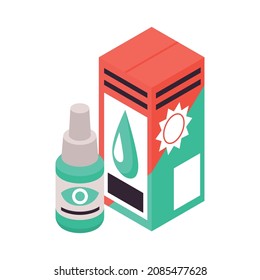 Isometric ophthalmology composition with isolated pack of eye drops medicine vector illustration
