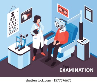 Isometric ophthalmology composition with text and indoor view of doctors office with medical apparatus and human characters vector illustration