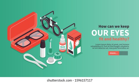 Isometric ophthalmology horizontal banner with editable text slider button and images of eye lens care products vector illustration