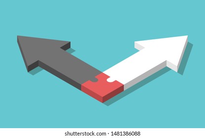 Isometric opposite black and white arrows connected with common puzzle piece. Family, marriage, relationship, divorce and children concept. EPS 8 vector illustration, no transparency, no gradients