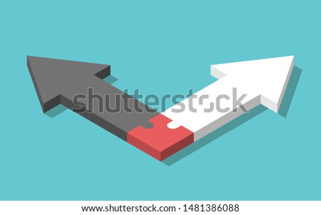 Isometric opposite black and white arrows connected with common puzzle piece. Family, marriage, relationship, divorce and children concept. EPS 8 vector illustration, no transparency, no gradients