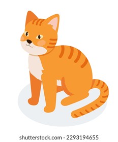 Isometric orange cat. Adorable and playful kitten sitting. Character for games and animations. Cute mammal with tail and paws. Feline, meow and fur. Cartoon vector illustration