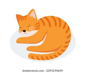 Isometric orange cat. Charming kitten lies and sleeps, restores strength. Playful and charming character. Toy and mascot. Poster or banner for website. Cartoon vector illustration
