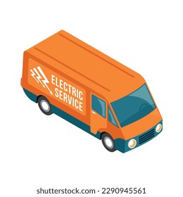 Isometric orange electric service van on white background 3d vector illustration