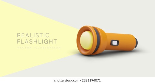 Isometric orange flashlight. Modern lighting device is on. Colorful vector illustration in cartoon style. Advertising banner with text on illuminated part