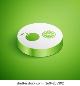 Isometric Orange fruit icon isolated on green background. White circle button. Vector Illustration