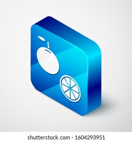 Isometric Orange fruit icon isolated on white background. Blue square button. Vector Illustration