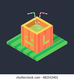 The isometric orange Halloween pumpkin with face and L letter on the green ground.