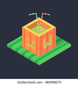 The isometric orange Halloween pumpkin with face and W letter on the green ground.
