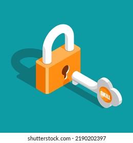 isometric Orange Lock with a Skill Key on blue background. Vector illustration flat design for banner, poster, and background.