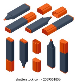 Isometric orange markers isolated on a white background. Realistic markers set for design.