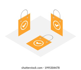 Juego vectorial de bolsas de comercio naranja isométricas. Símbolo del bolso de compra aislado Ilustración del vector EPS 10