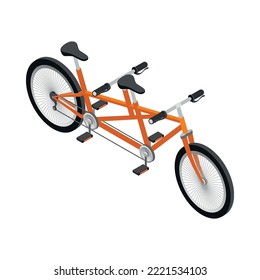 Isometric orange tandem bicycle on white background 3d vector illustration