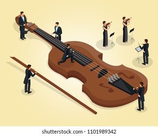 Isometric orchestra template with musicians tune violin female violinists and conductor isolated vector illustration