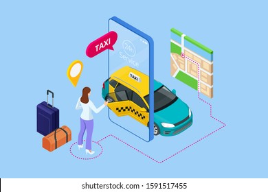 Isometric Ordering Online Taxi and Call a taxi online, mobile application concept for landing page. Street traffic, parking, city transport, GPS route point pins on smartphone and touchscreen