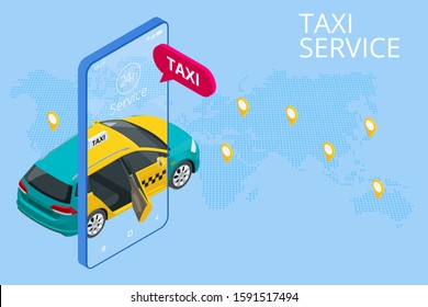 Isometric Ordering Online Taxi and Call a taxi online, mobile application concept for landing page. Street traffic, parking, city transport, GPS route point pins on smartphone and touchscreen