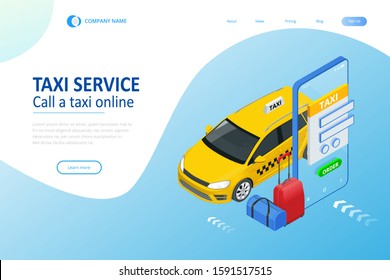 Isometric Ordering Online Taxi and Call a taxi online, mobile application concept for landing page. Street traffic, parking, city transport, GPS route point pins on smartphone and touchscreen