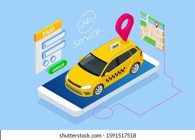 Isometric Ordering Online Taxi and Call a taxi online, mobile application concept for landing page. Street traffic, parking, city transport, GPS route point pins on smartphone and touchscreen