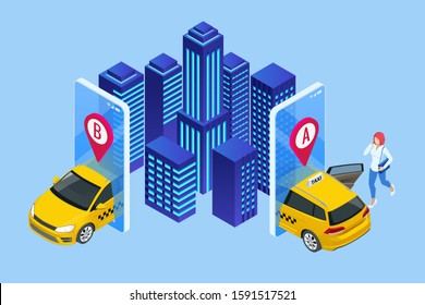 Isometric Ordering Online Taxi and Call a taxi online, mobile application concept for landing page. Street traffic, parking, city transport, GPS route point pins on smartphone and touchscreen