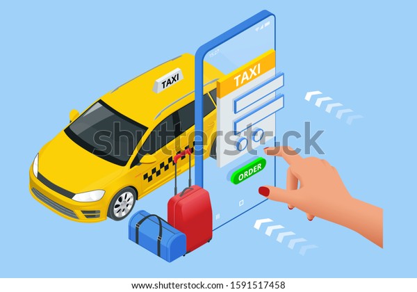 Isometric Ordering Online Taxi and Call a\
taxi online, mobile application concept for landing page. Street\
traffic, parking, city transport, GPS route point pins on\
smartphone and\
touchscreen