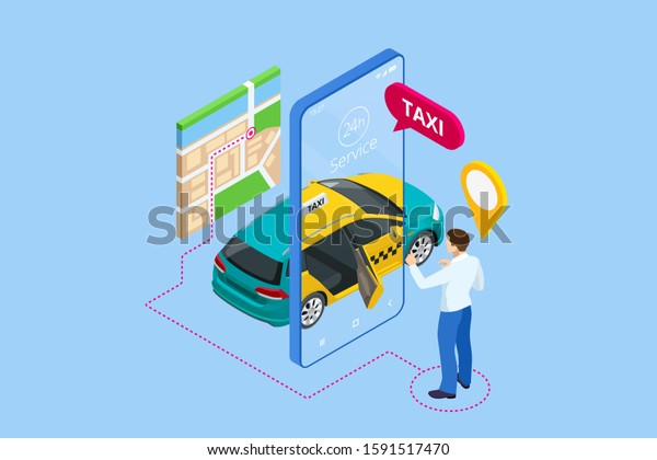Isometric Ordering Online Taxi and Call a\
taxi online, mobile application concept for landing page. Street\
traffic, parking, city transport, GPS route point pins on\
smartphone and\
touchscreen