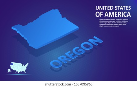 Isometric OREGON State map on blue and glowing background. 3D Detailed Map in perspective with place for your text or description.Technology Information Graphic Elements for Website, app, UI, Travel