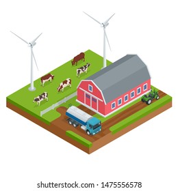 Isometric organic farm field or dairy farm. Automated agriculture, technology. Robot farmers. Farm cowshed with milking cows eating hay.